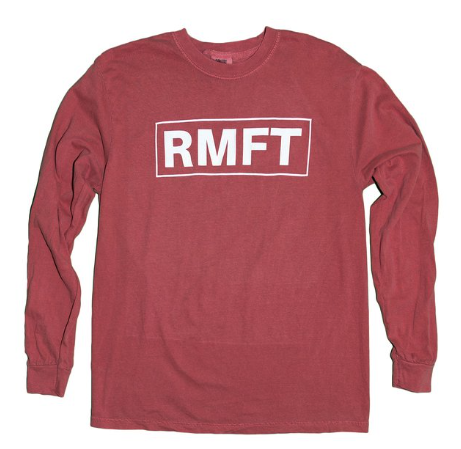 Crimson long-sleeve tee with the boxed white RMFT logo